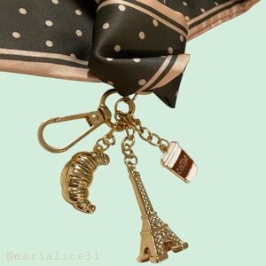 Polka Dot Silk Scarf with Charms. Gold, green, beige. Purse Charm / Key Chain.